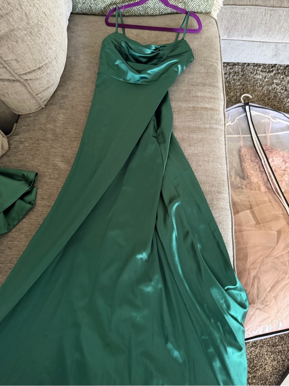 Emerald Green Satin Cowl Neck Slip Dress - Picture 5 of 6